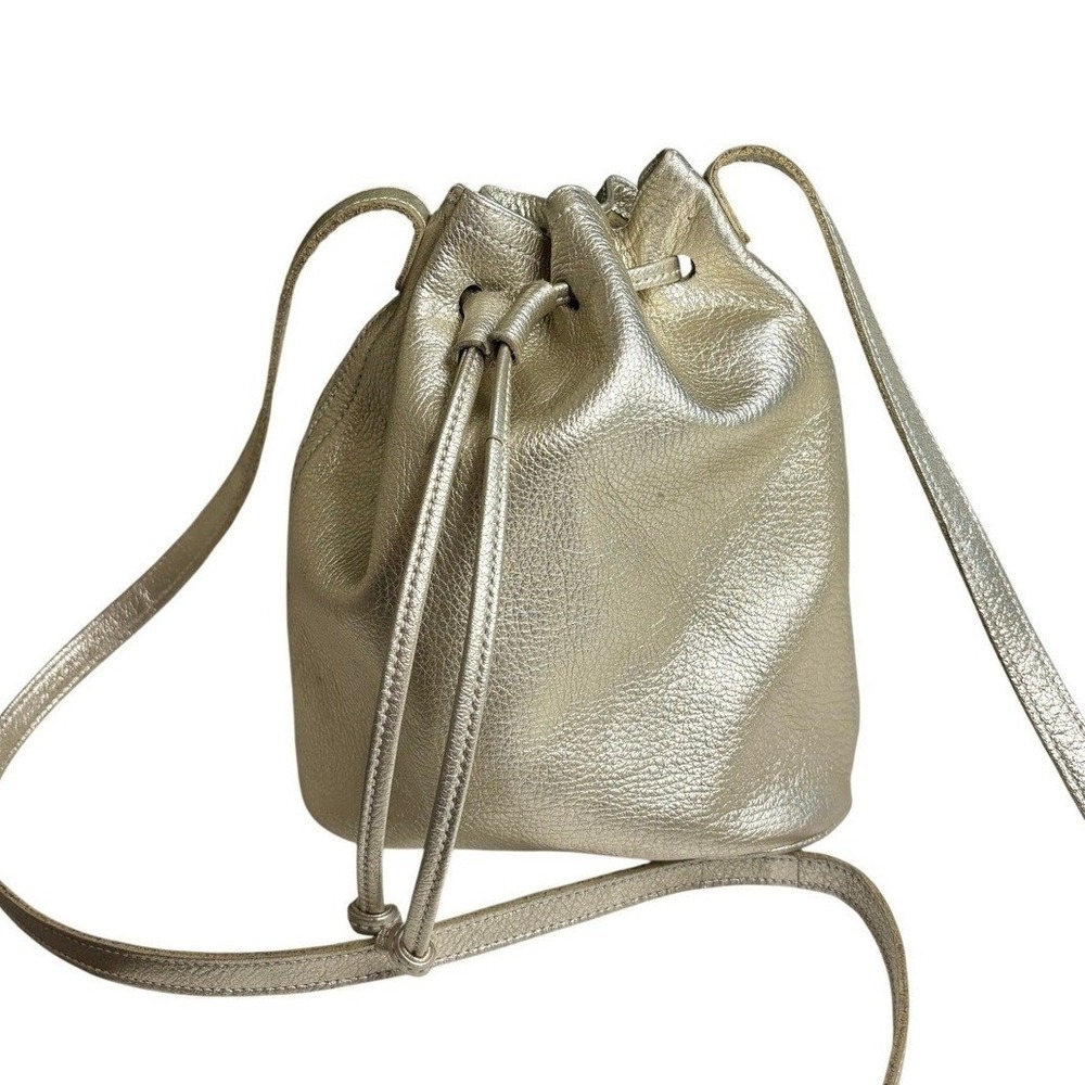 SAS Metallic Gold Pebbled Leather Drawstring Bucket Bag Crossbody Made in USA
